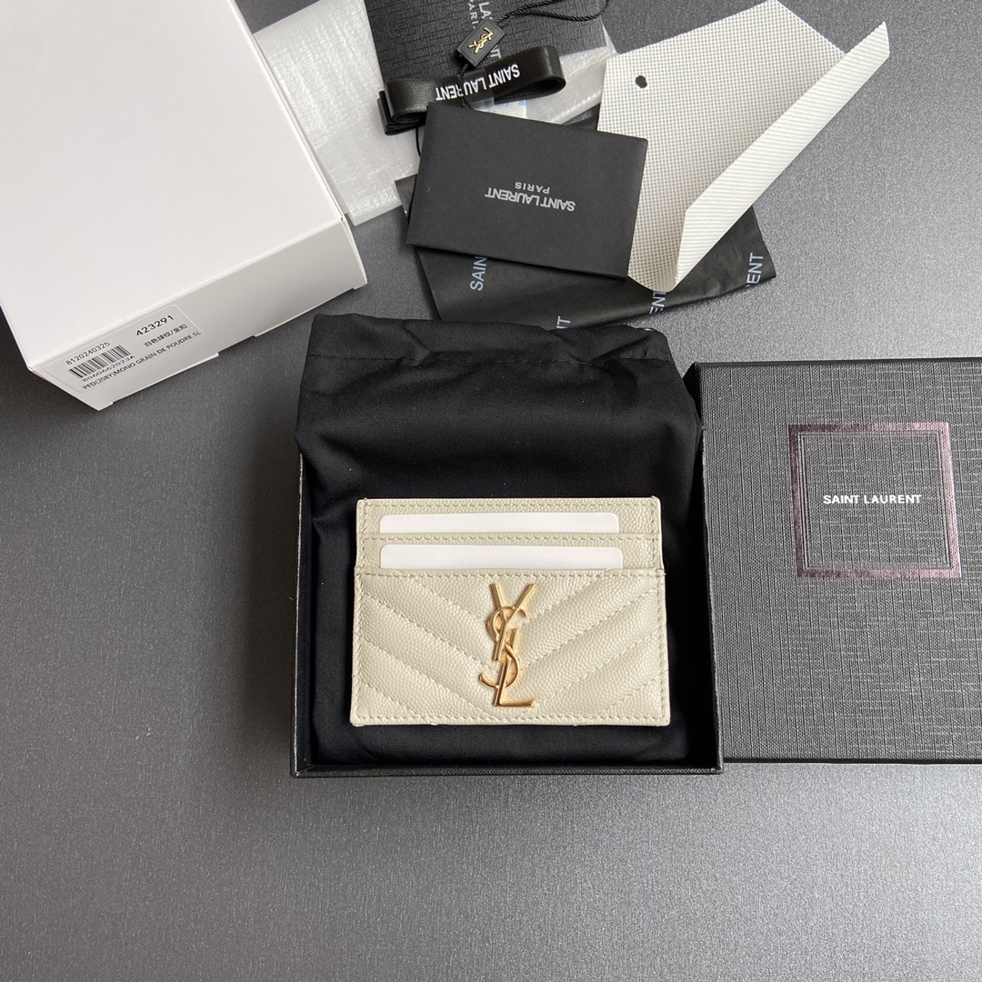 [TOP] Yves Saint Laurent YSL Calfskin Matelasse Card Holder 10.5x7.5cm - Black/Beige & SHW/GHW