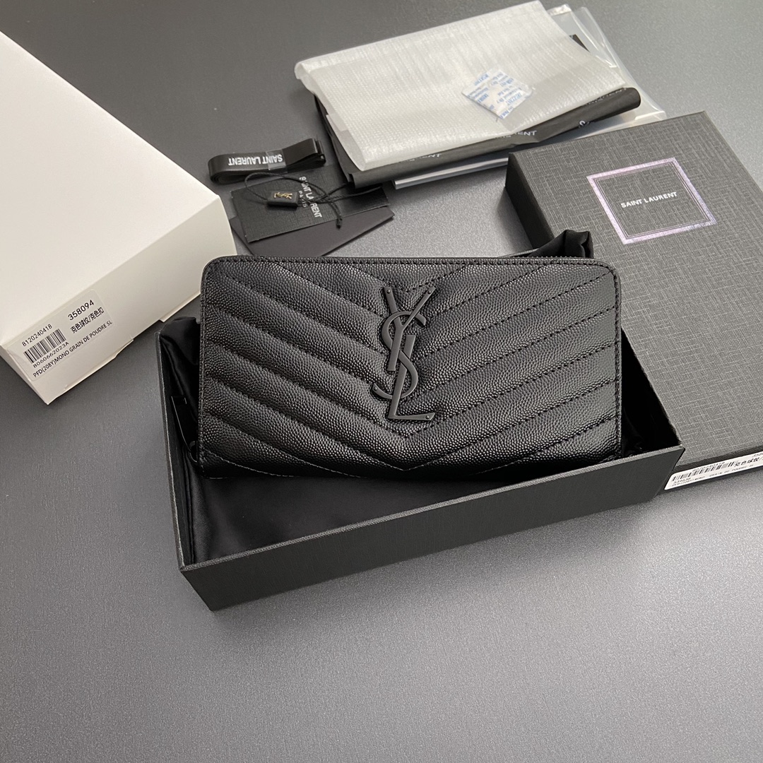 [TOP] Yves Saint Laurent YSL Calfskin Matelasse Wallet 19x9.5x2.5cm - Black & GHW
