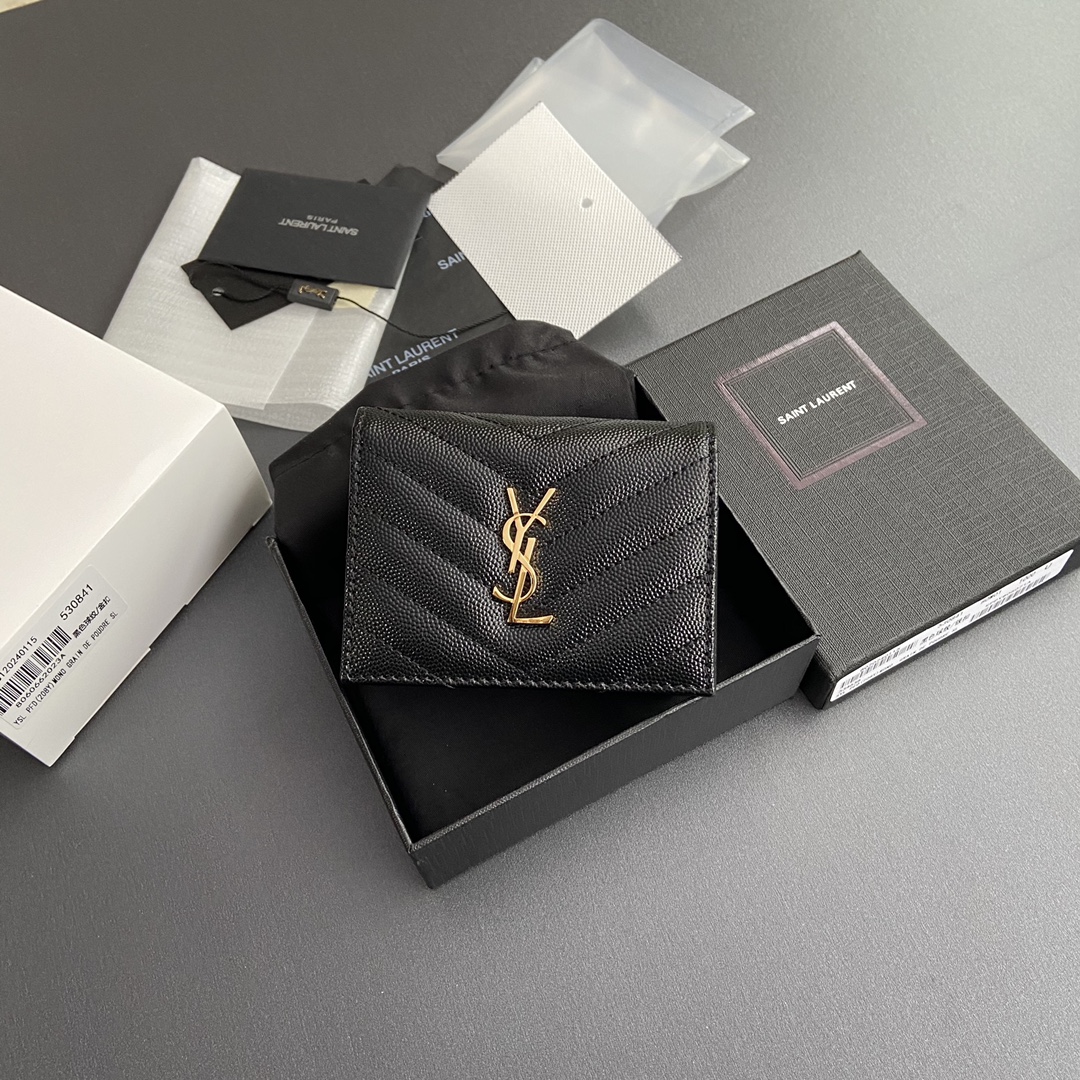 [TOP] Yves Saint Laurent YSL Calfskin Matelasse Wallet 11x8.5x3cm - Black/Beige & SHW/GHW