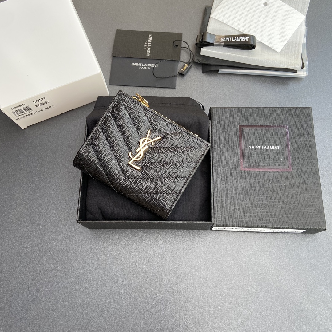 [TOP] Yves Saint Laurent YSL Calfskin Matelasse Wallet 10.5x8.5x2.5cm - Black & SHW/GHW