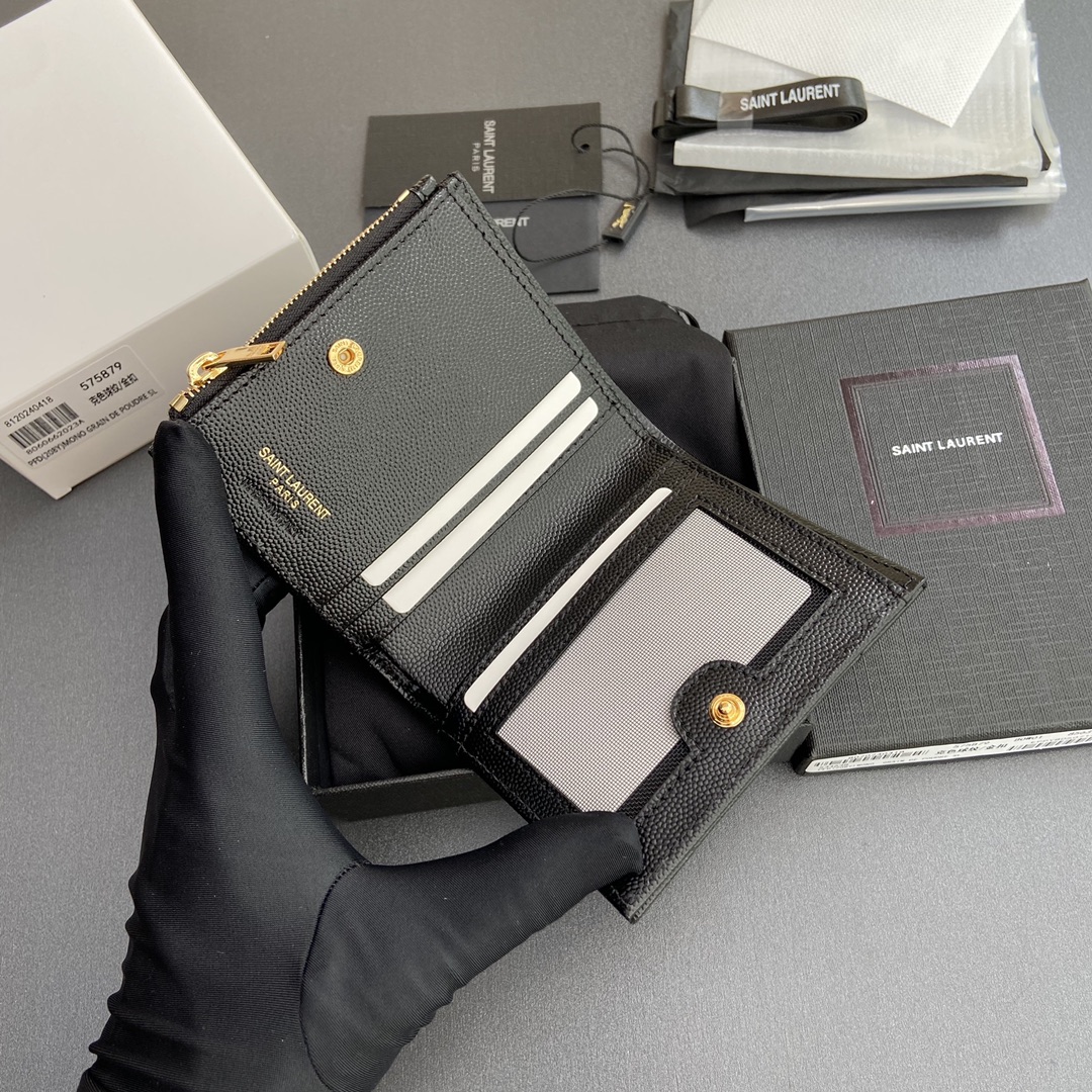 [TOP] Yves Saint Laurent YSL Calfskin Matelasse Wallet 10.5x8.5x2.5cm - Black & SHW/GHW