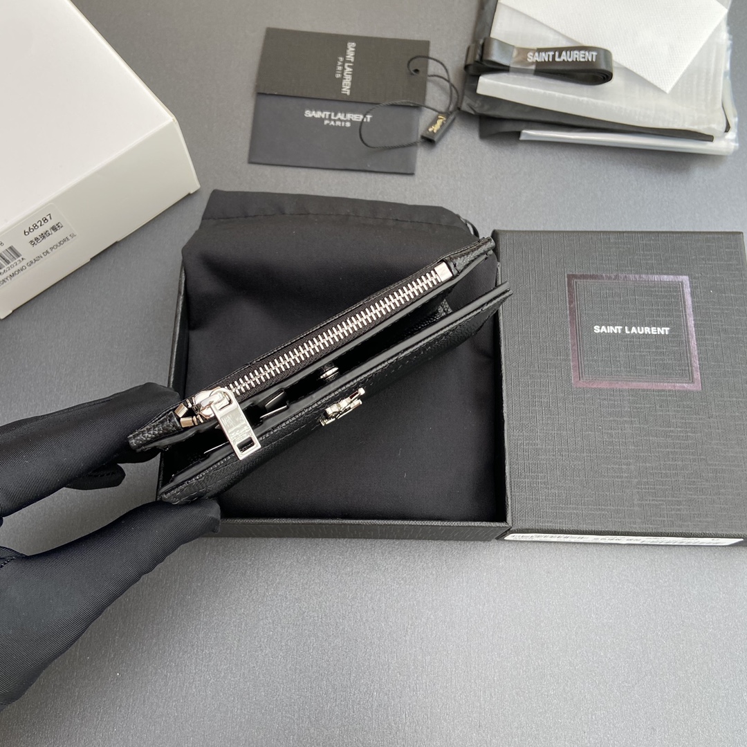 [TOP] Yves Saint Laurent YSL Calfskin Matelasse Wallet 12x10x3cm - Black & SHW/GHW