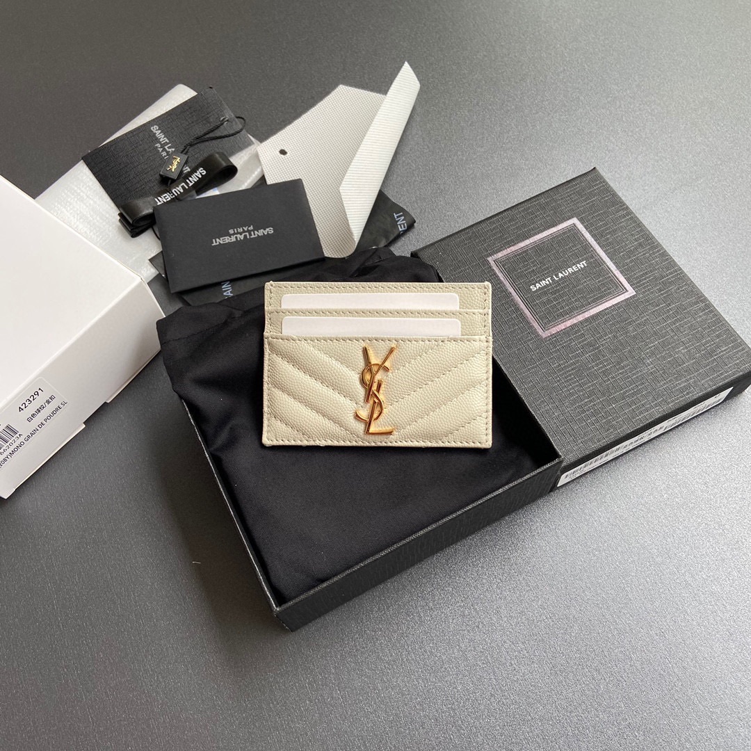 [TOP] Yves Saint Laurent YSL Calfskin Matelasse Card Holder 10.5x7.5cm - Black/Beige & SHW/GHW