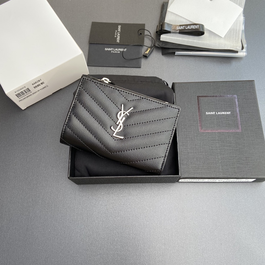 [TOP] Yves Saint Laurent YSL Calfskin Matelasse Wallet 12x10x3cm - Black & SHW/GHW