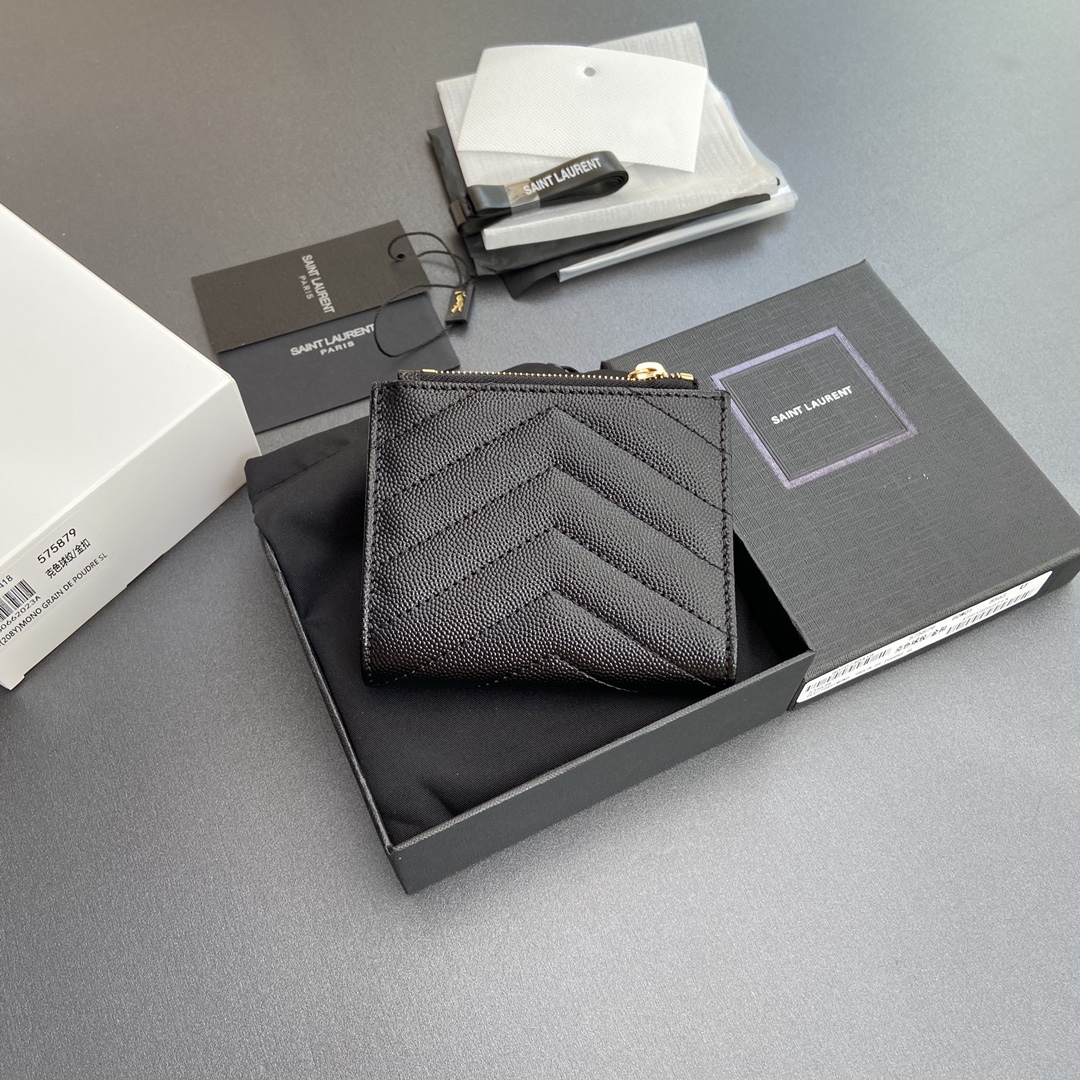 [TOP] Yves Saint Laurent YSL Calfskin Matelasse Wallet 10.5x8.5x2.5cm - Black & SHW/GHW