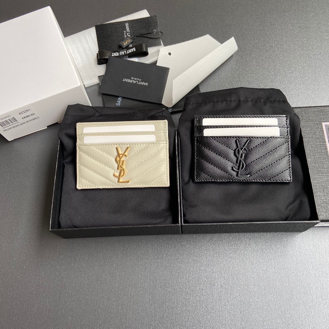[TOP] Yves Saint Laurent YSL Calfskin Matelasse Card Holder 10.5x7.5cm - Black/Beige & SHW/GHW