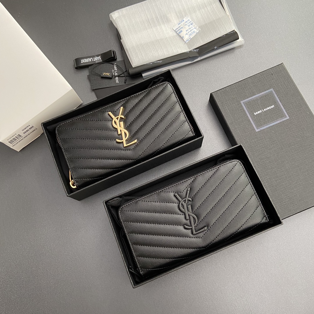 [TOP] Yves Saint Laurent YSL Calfskin Matelasse Wallet 19x9.5x2.5cm - Black & GHW