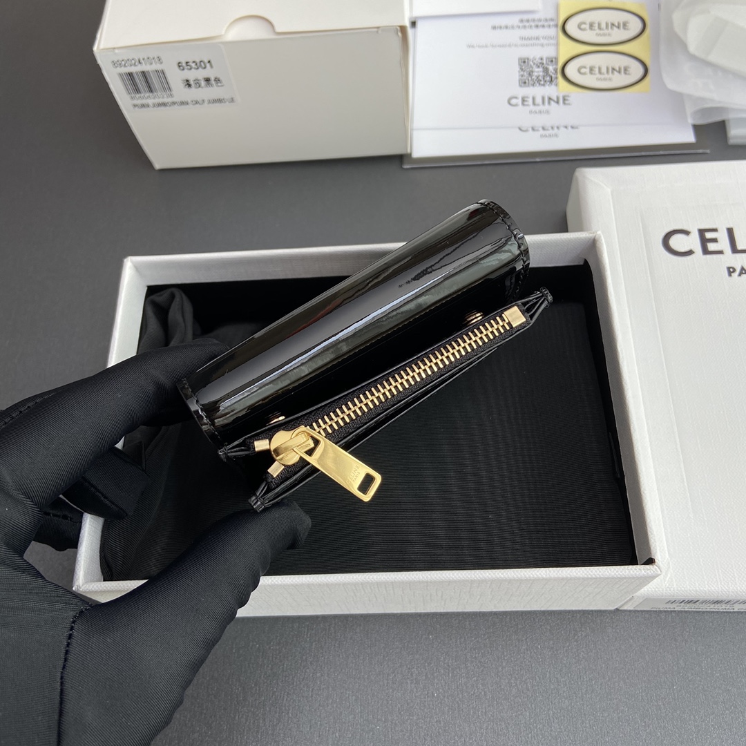 [TOP] CELINE Triomphe Patent Leather Shiny Leather Short Wallet 9.5x7.5x3cm - Black&GHW