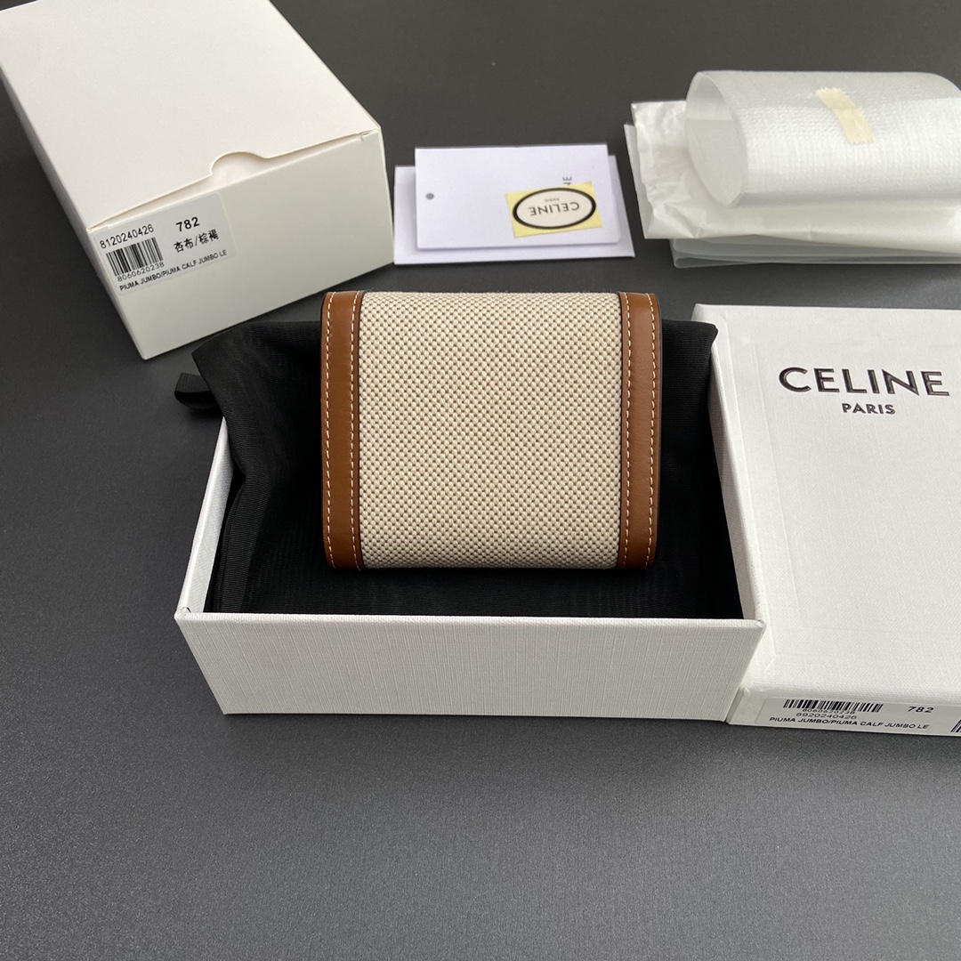 [TOP] CELINE Triomphe Fabric Almond and Calf Leather Short Wallet 10.5x9x3cm - Brown/Beige&GHW