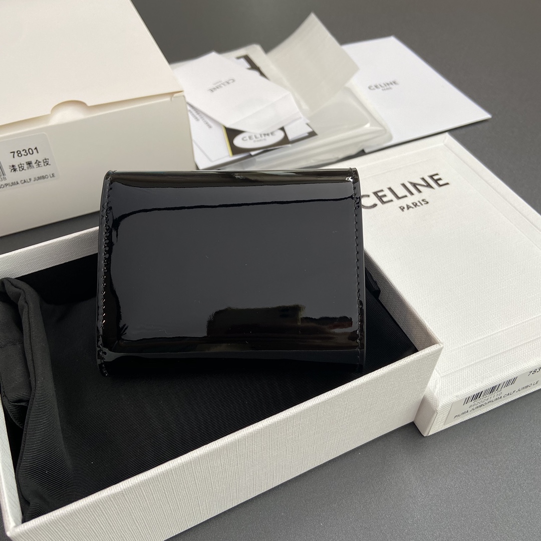 [TOP] CELINE Triomphe Patent Leather Shiny Leather Short Wallet 10.5x9x3cm - Black&GHW