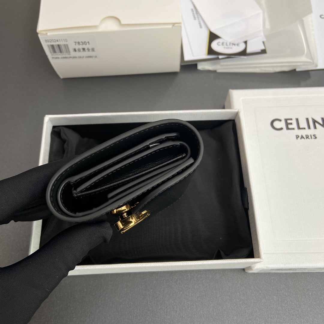 [TOP] CELINE Triomphe Patent Leather Shiny Leather Short Wallet 10.5x9x3cm - Black&GHW
