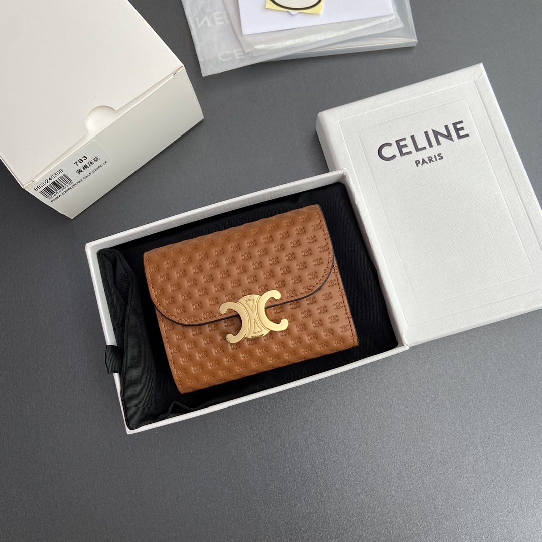 [TOP] CELINE Triomphe Shiny Lambskin Leather Embossing Short Wallet 10.5x9x3cm - Brown&GHW