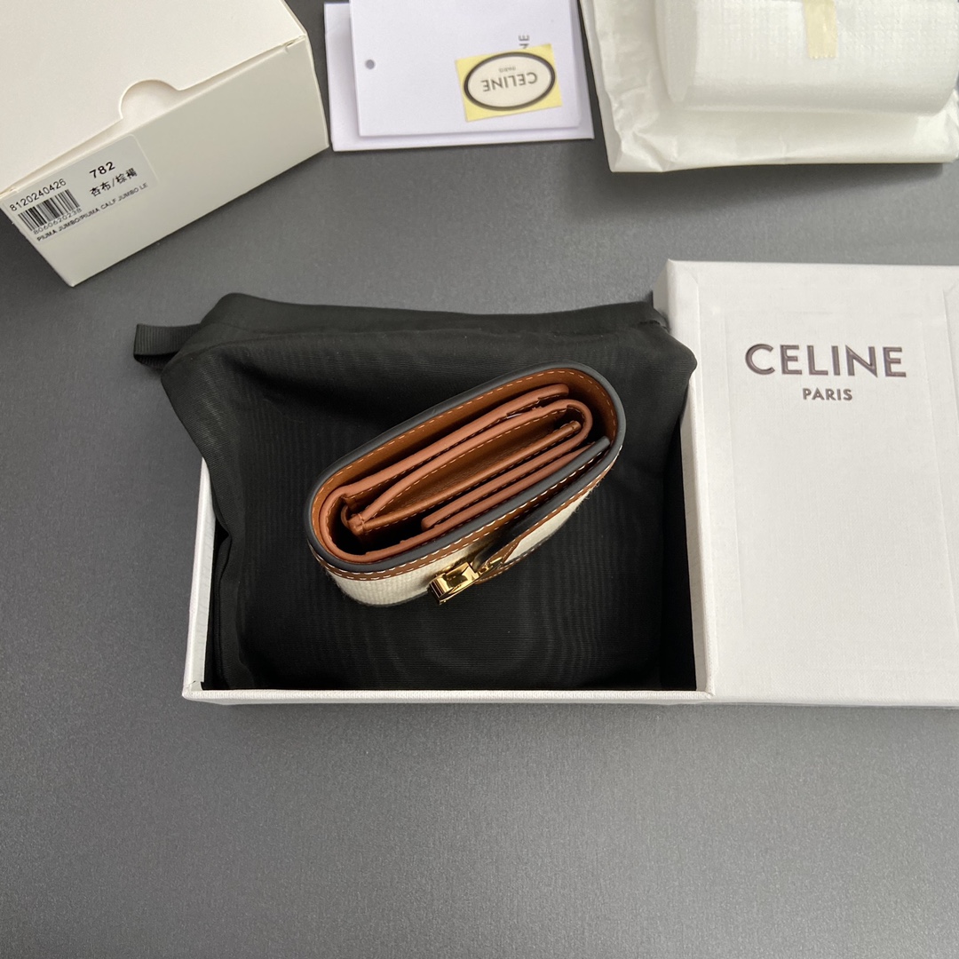 [TOP] CELINE Triomphe Fabric Almond and Calf Leather Short Wallet 10.5x9x3cm - Brown/Beige&GHW