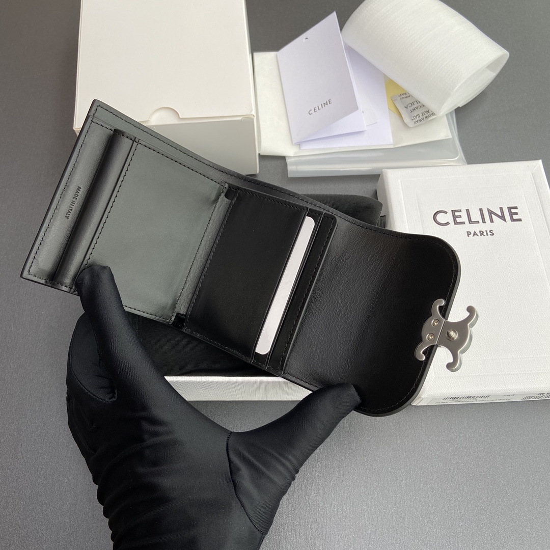 [TOP] CELINE Triomphe Shiny Cowhide Leather Short Wallet 10.5x9x3cm - Black&SHW/Black HW