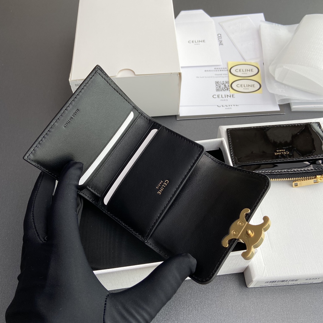 [TOP] CELINE Triomphe Patent Leather Shiny Leather Short Wallet 9.5x7.5x3cm - Black&GHW