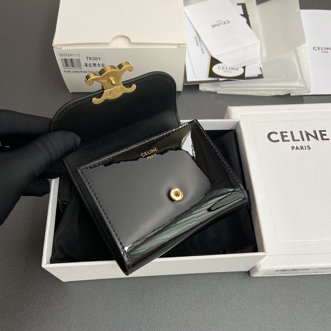 [TOP] CELINE Triomphe Patent Leather Shiny Leather Short Wallet 10.5x9x3cm - Black&GHW