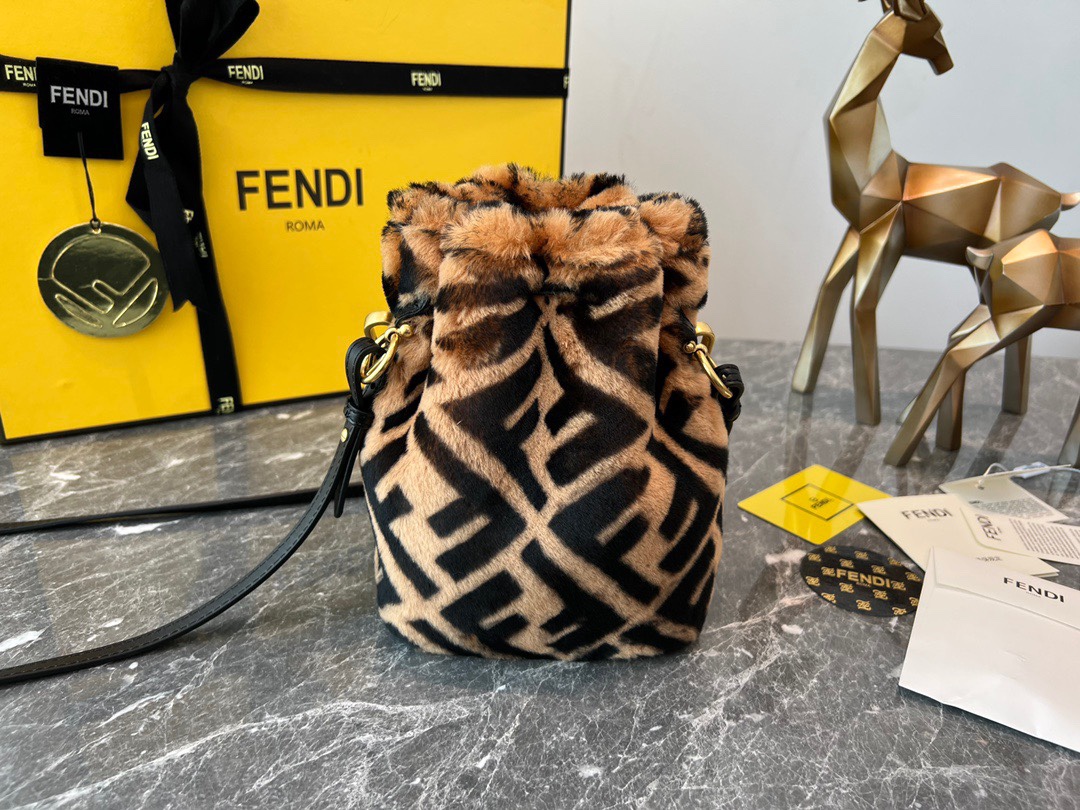 [TOP] FENDI Mon Mon Tresor Bags Wool Bucket Bag 18x12cm - Brown
