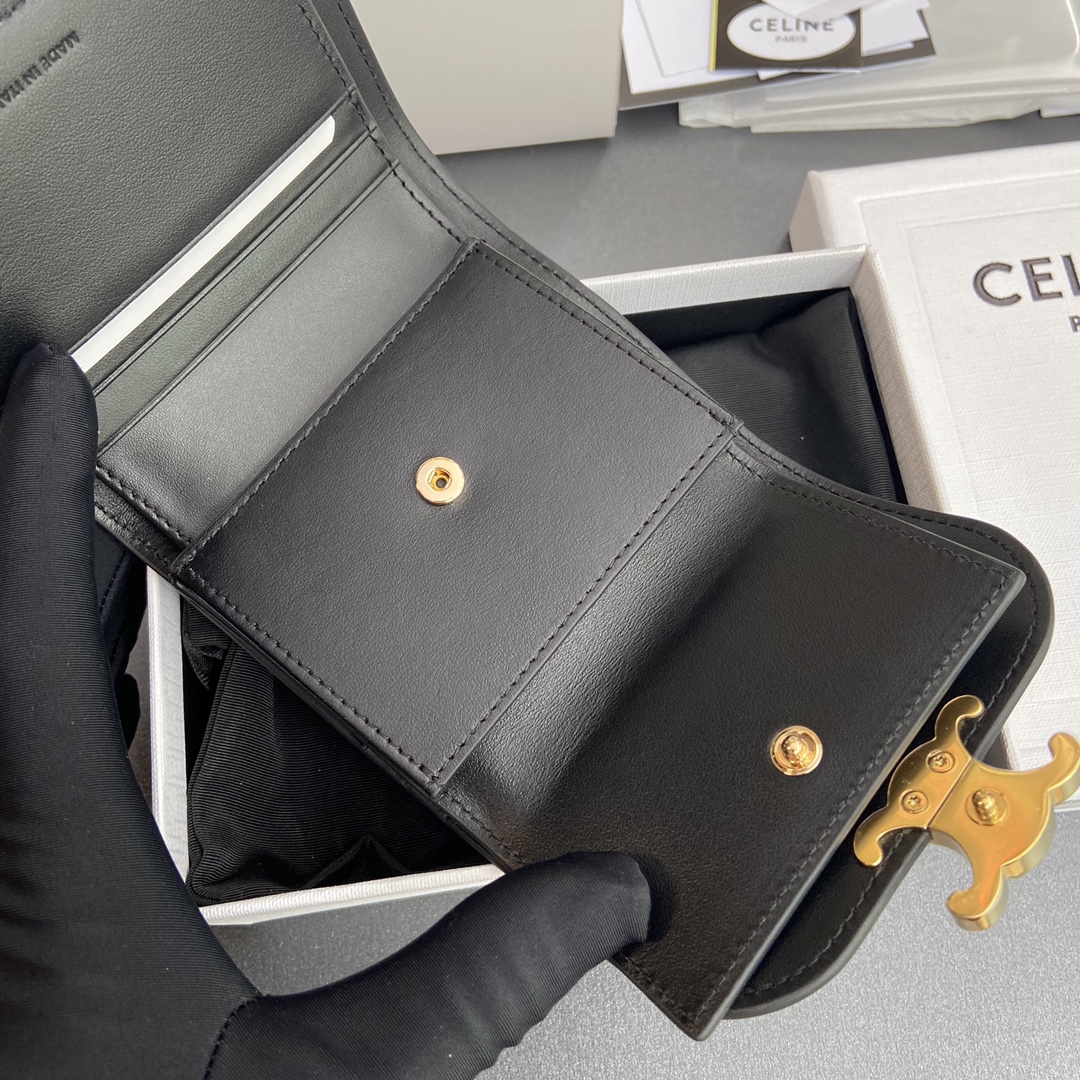 [TOP] CELINE Triomphe Patent Leather Shiny Leather Short Wallet 10.5x9x3cm - Black&GHW
