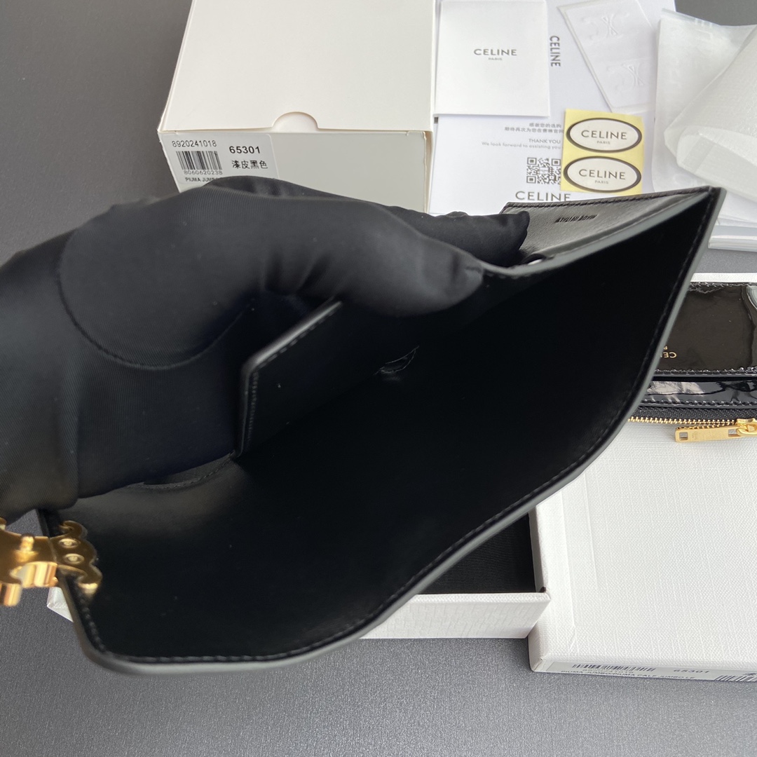 [TOP] CELINE Triomphe Patent Leather Shiny Leather Short Wallet 9.5x7.5x3cm - Black&GHW