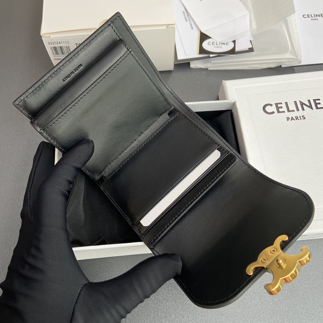 [TOP] CELINE Triomphe Patent Leather Shiny Leather Short Wallet 10.5x9x3cm - Black&GHW