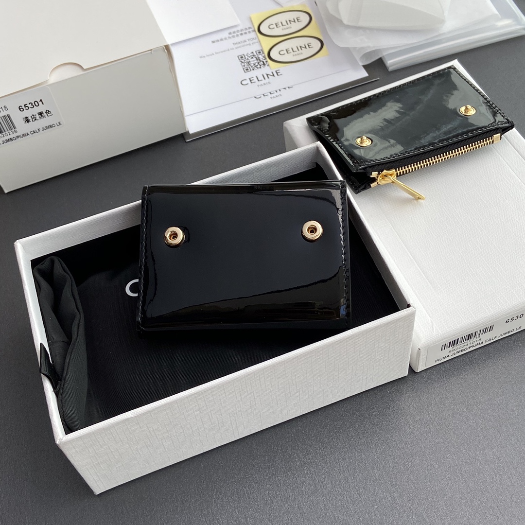 [TOP] CELINE Triomphe Patent Leather Shiny Leather Short Wallet 9.5x7.5x3cm - Black&GHW