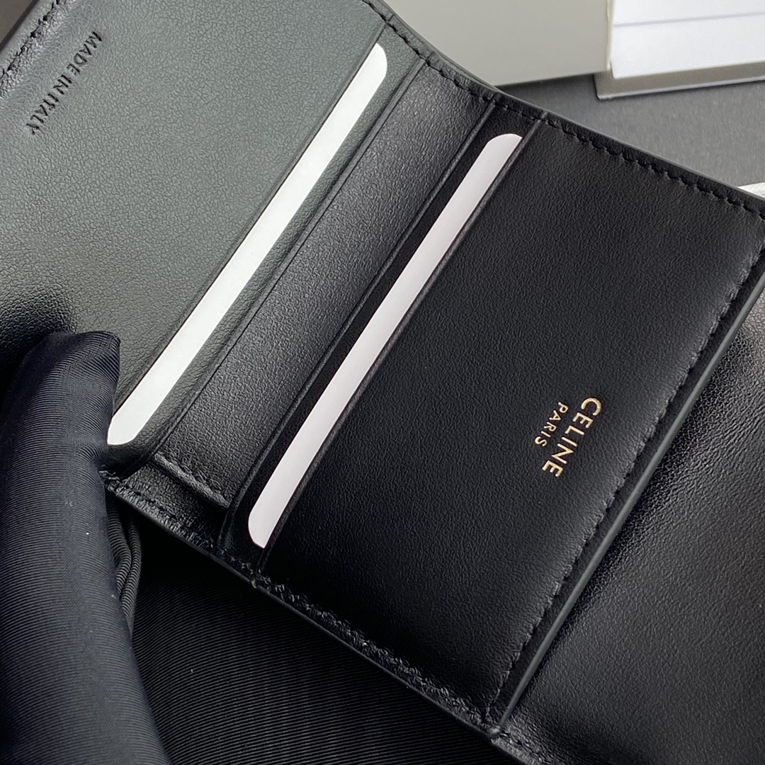 [TOP] CELINE Triomphe Patent Leather Shiny Leather Short Wallet 9.5x7.5x3cm - Black&GHW