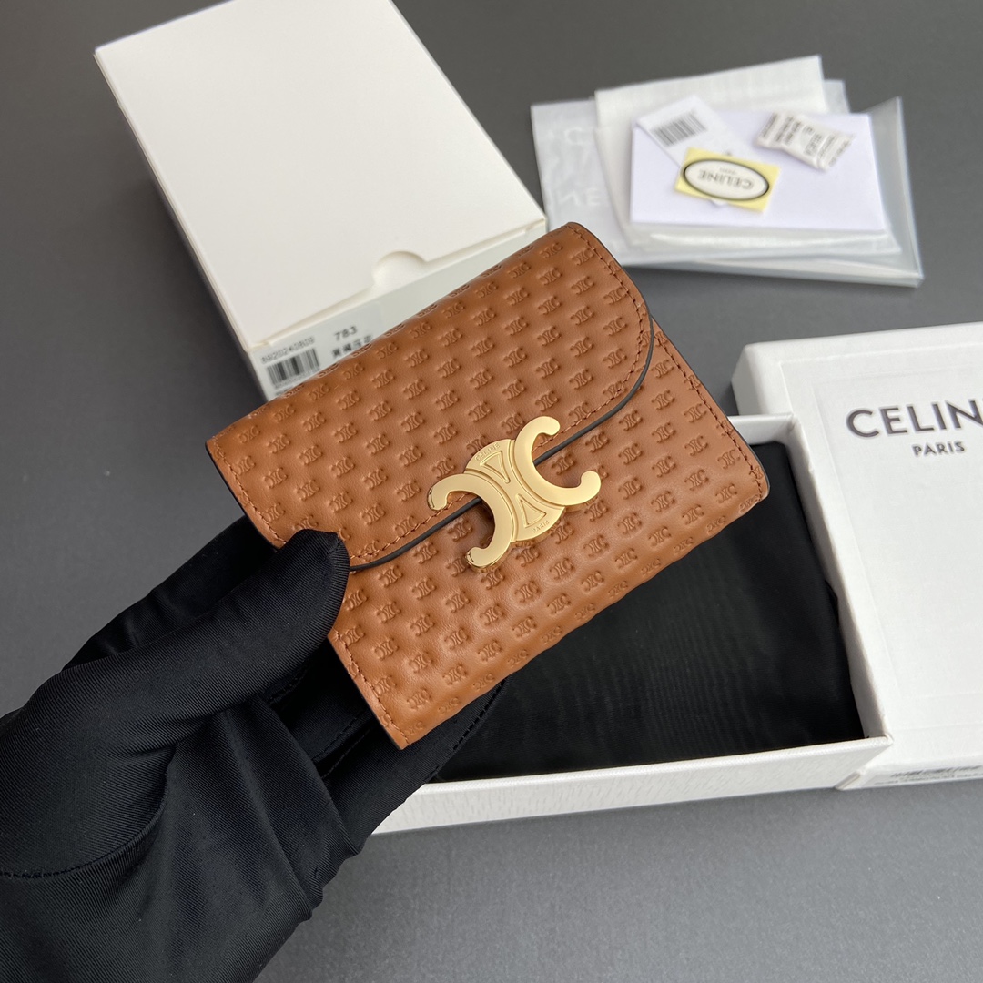 [TOP] CELINE Triomphe Shiny Lambskin Leather Embossing Short Wallet 10.5x9x3cm - Brown&GHW