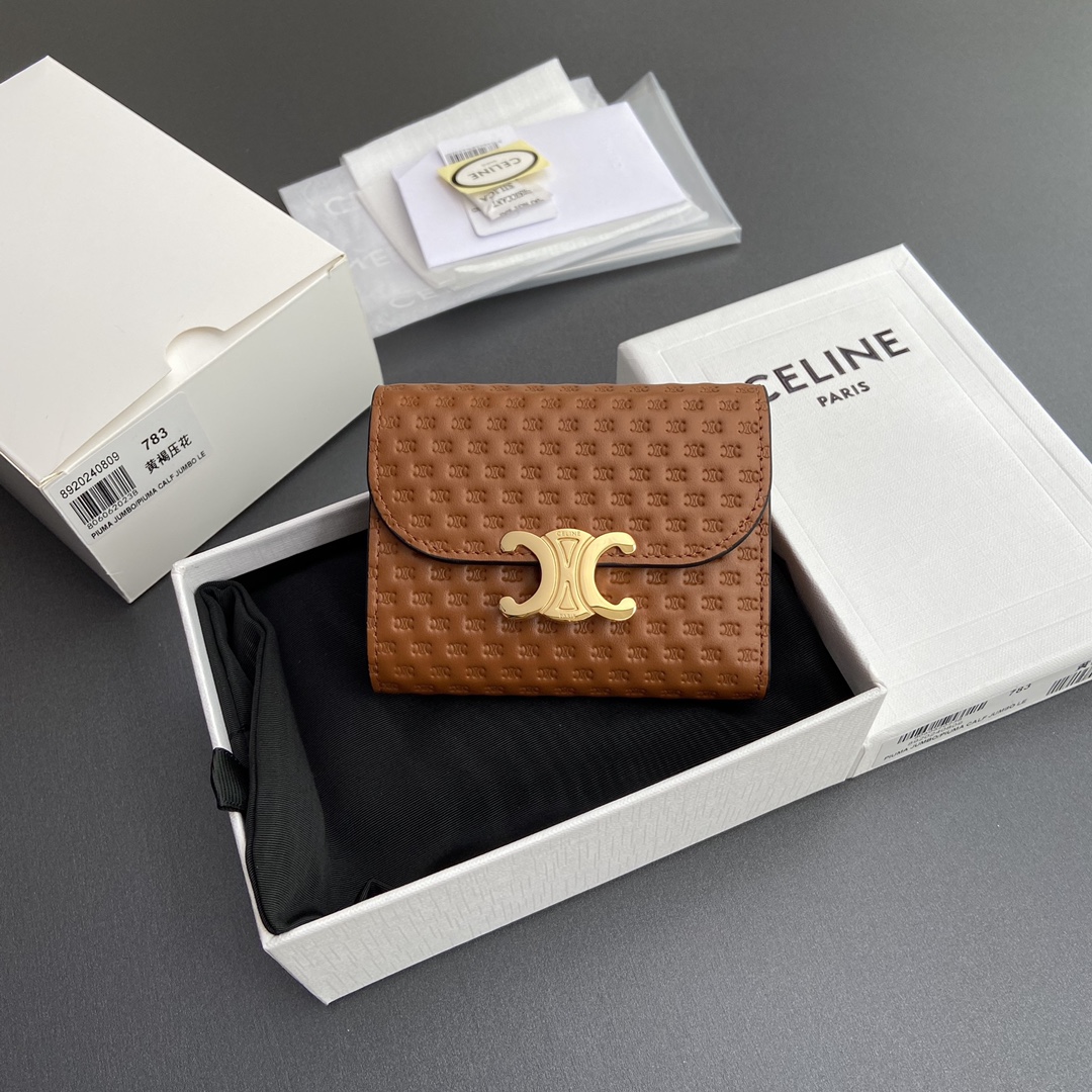 [TOP] CELINE Triomphe Shiny Lambskin Leather Embossing Short Wallet 10.5x9x3cm - Brown&GHW