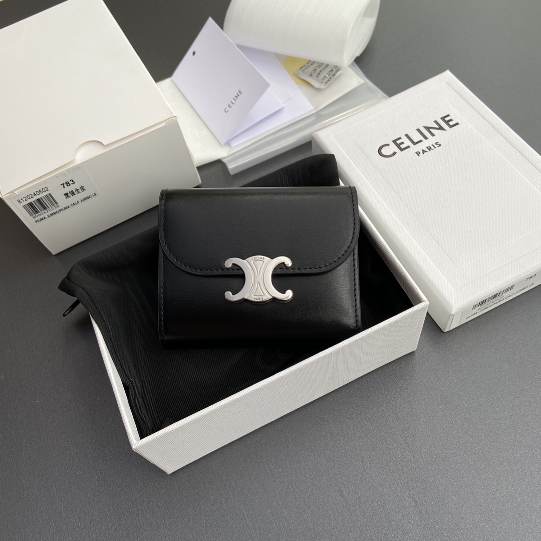[TOP] CELINE Triomphe Shiny Cowhide Leather Short Wallet 10.5x9x3cm - Black&SHW/Black HW
