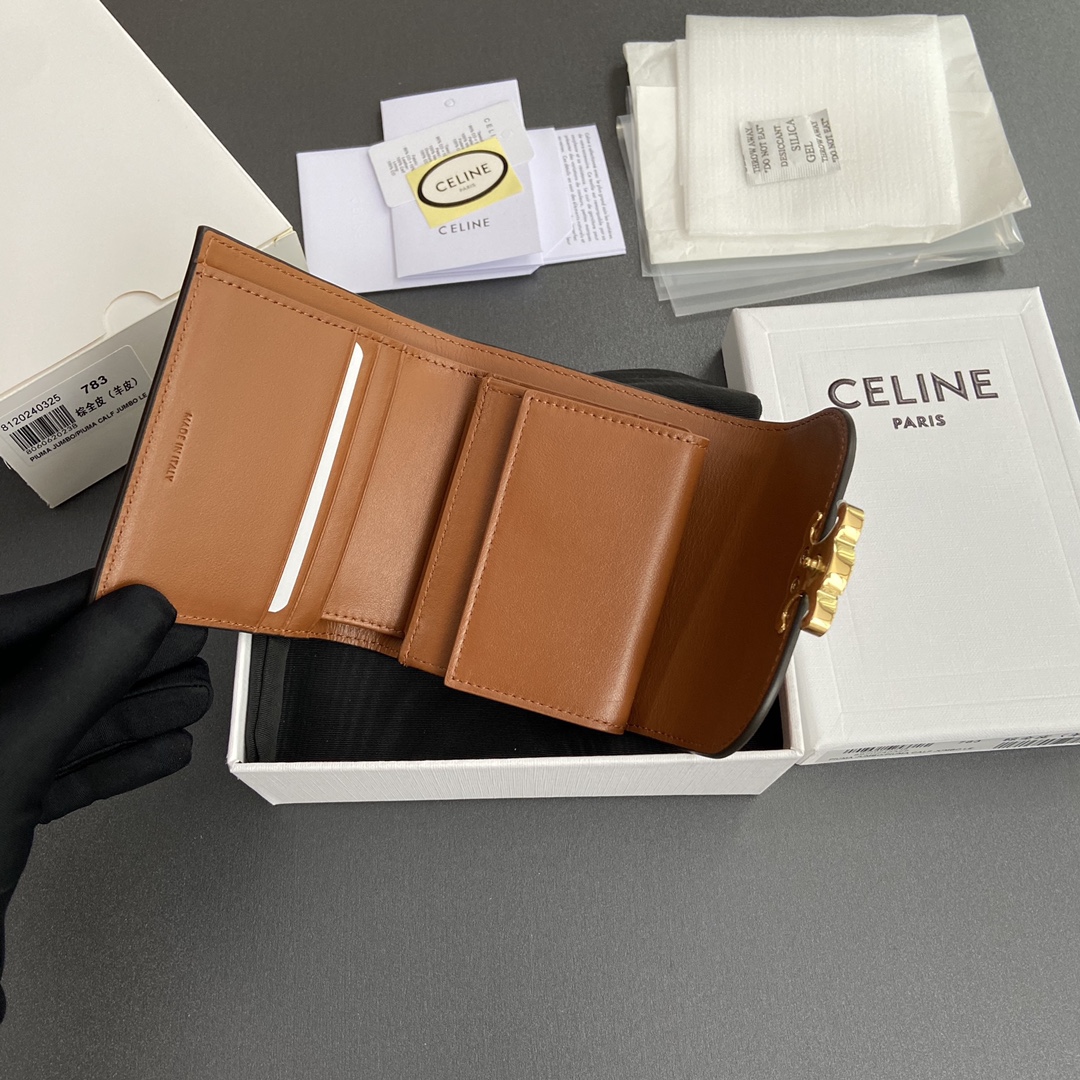 [TOP] CELINE Triomphe Shiny Lambskin Leather Short Wallet 10.5x9x3cm - Brown&GHW