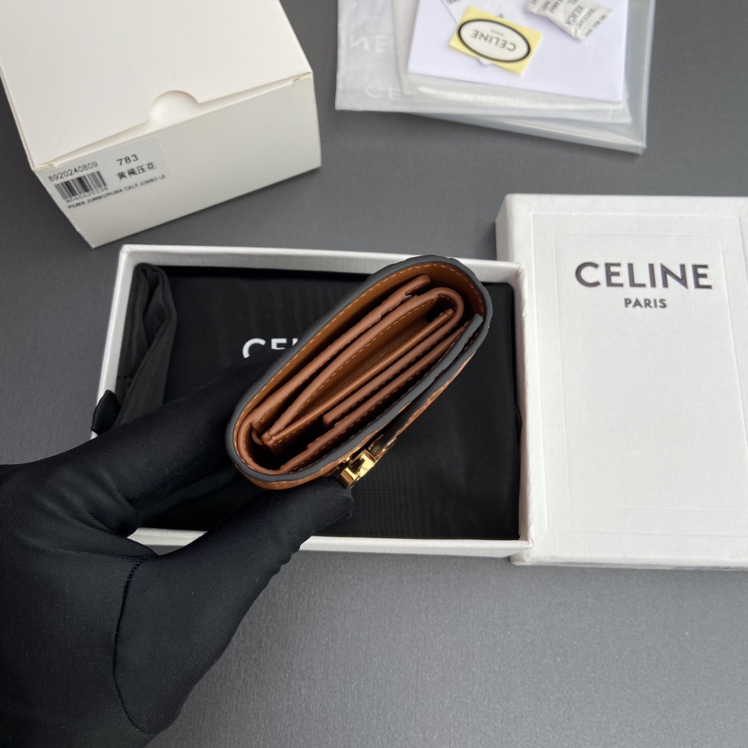 [TOP] CELINE Triomphe Shiny Lambskin Leather Embossing Short Wallet 10.5x9x3cm - Brown&GHW