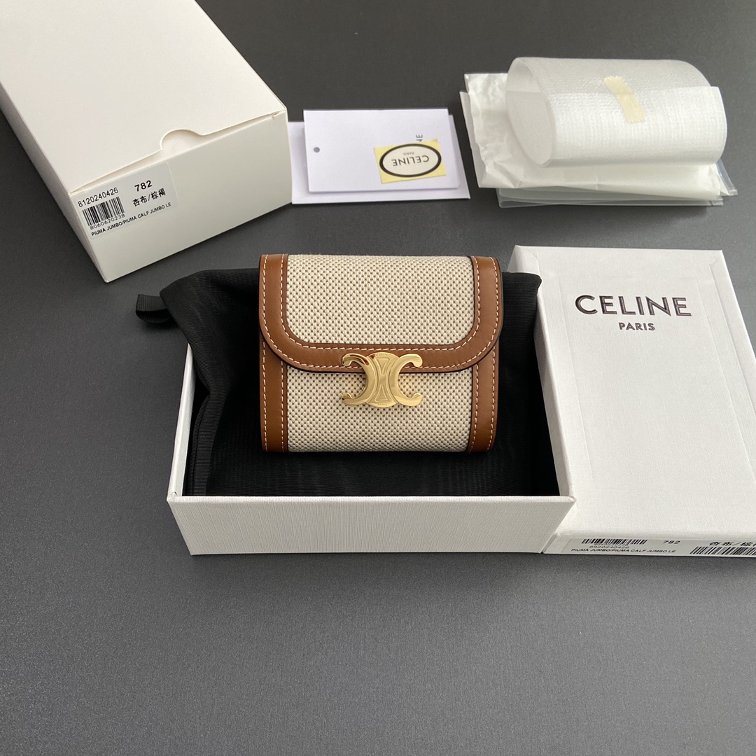 [TOP] CELINE Triomphe Fabric Almond and Calf Leather Short Wallet 10.5x9x3cm - Brown/Beige&GHW