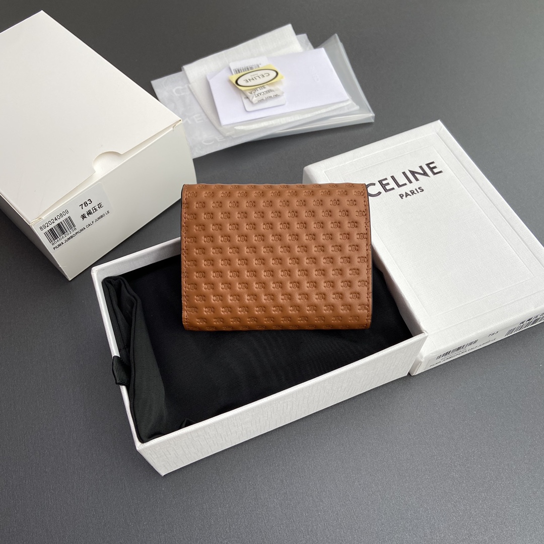 [TOP] CELINE Triomphe Shiny Lambskin Leather Embossing Short Wallet 10.5x9x3cm - Brown&GHW