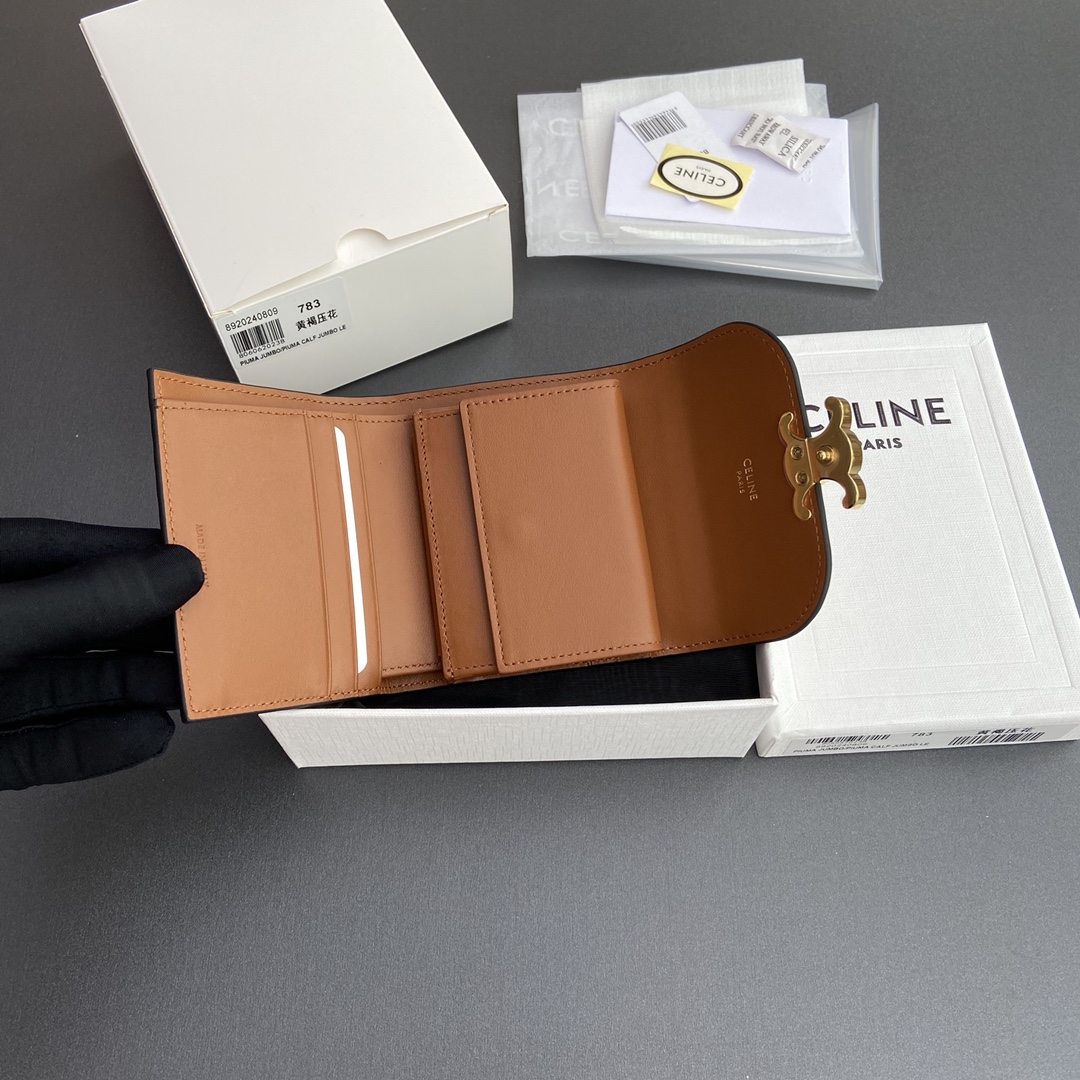 [TOP] CELINE Triomphe Shiny Lambskin Leather Embossing Short Wallet 10.5x9x3cm - Brown&GHW