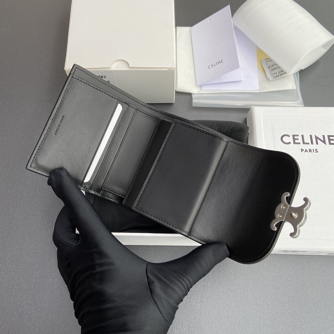 [TOP] CELINE Triomphe Shiny Cowhide Leather Short Wallet 10.5x9x3cm - Black&SHW/Black HW