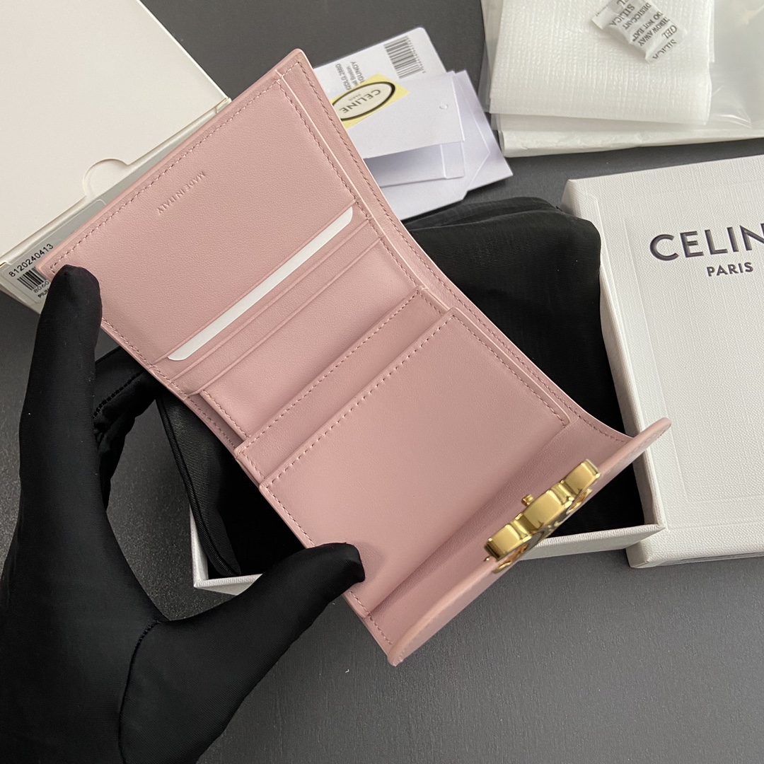 [TOP] CELINE Triomphe Shiny Cowhide Leather Short Wallet 10.5x9x3cm - 10 Color&GHW