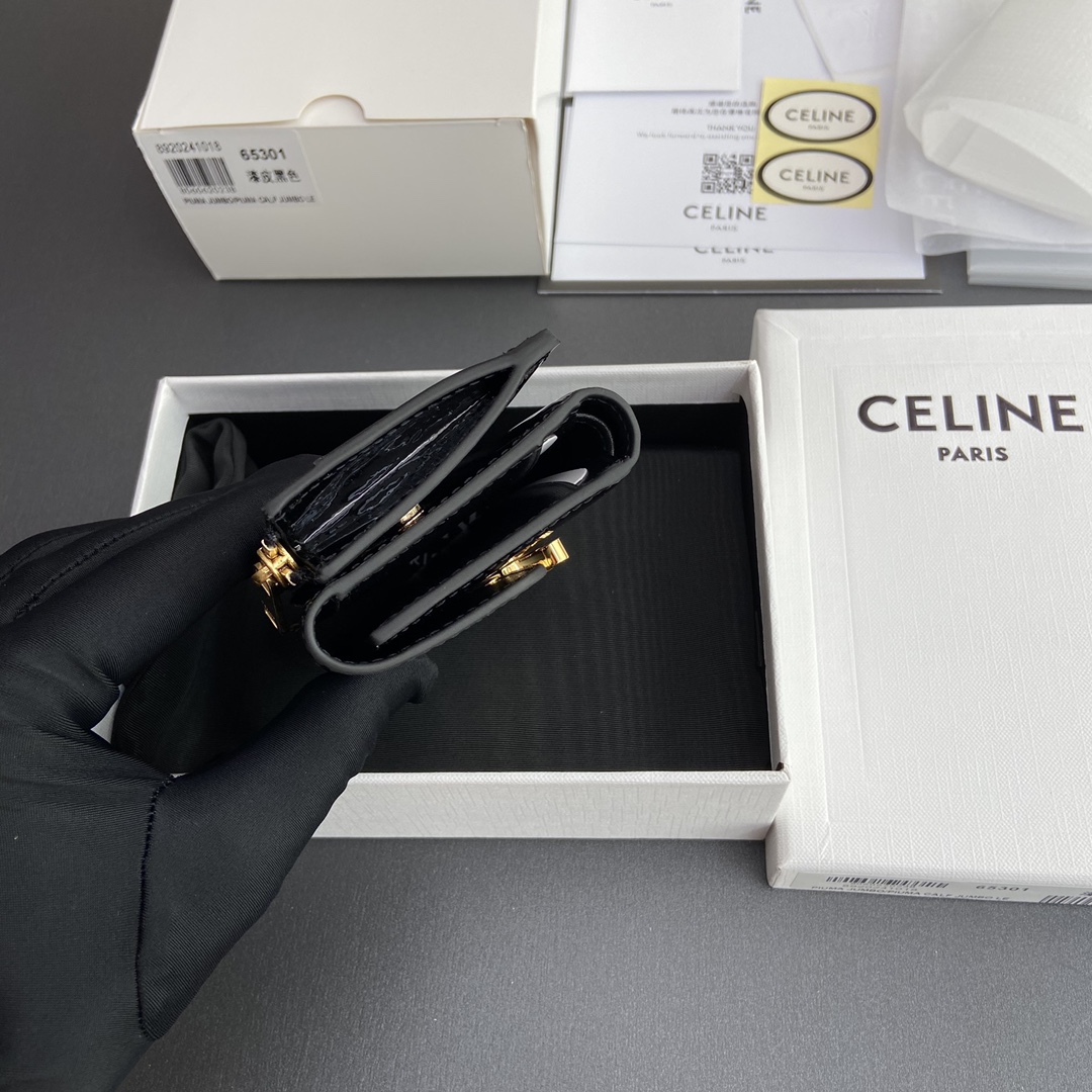[TOP] CELINE Triomphe Patent Leather Shiny Leather Short Wallet 9.5x7.5x3cm - Black&GHW