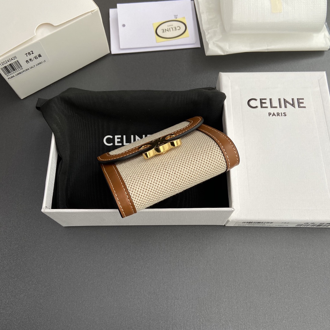[TOP] CELINE Triomphe Fabric Almond and Calf Leather Short Wallet 10.5x9x3cm - Brown/Beige&GHW