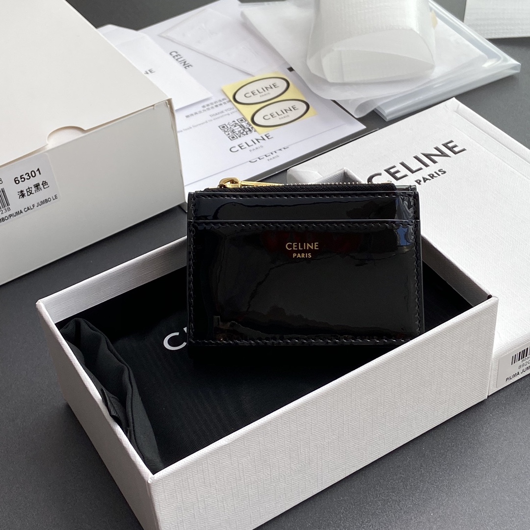 [TOP] CELINE Triomphe Patent Leather Shiny Leather Short Wallet 9.5x7.5x3cm - Black&GHW