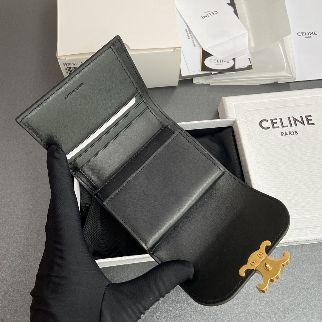 [TOP] CELINE Triomphe Patent Leather Shiny Leather Short Wallet 10.5x9x3cm - Black&GHW