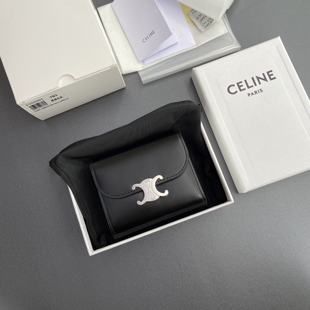 [TOP] CELINE Triomphe Shiny Cowhide Leather Short Wallet 10.5x9x3cm - Black&SHW/Black HW