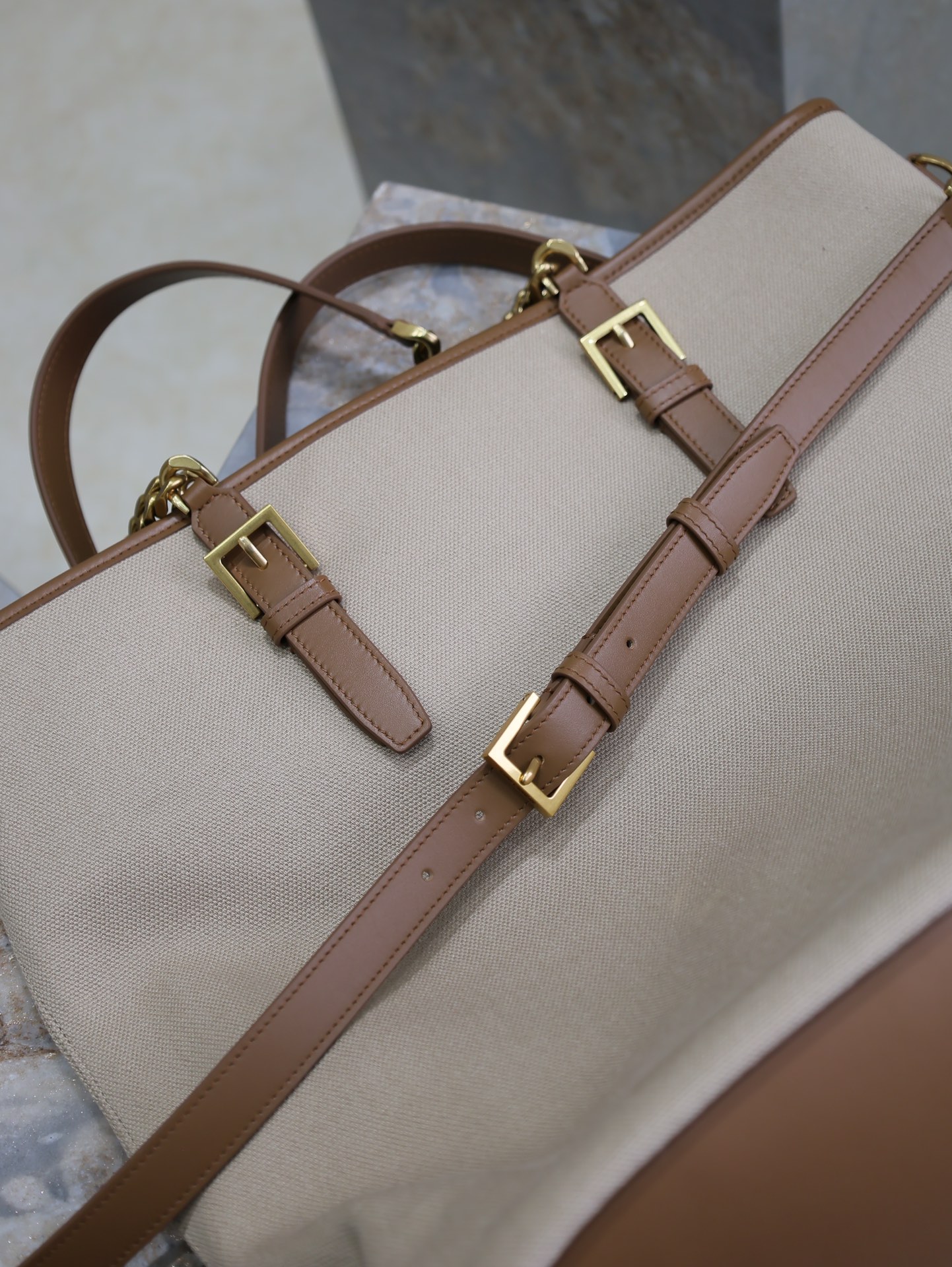 [TOP] Yves Saint Laurent YSL Laurent Shopping Tote Bag 36×38×15cm - Beige&Brown
