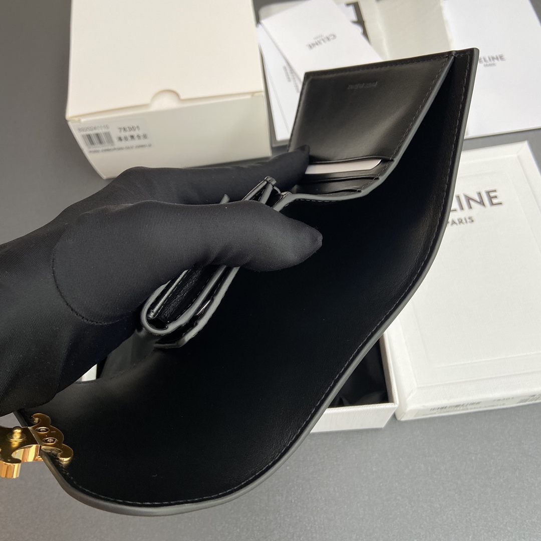 [TOP] CELINE Triomphe Patent Leather Shiny Leather Short Wallet 10.5x9x3cm - Black&GHW