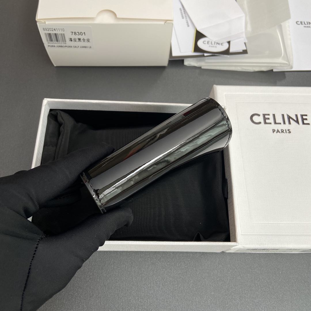 [TOP] CELINE Triomphe Patent Leather Shiny Leather Short Wallet 10.5x9x3cm - Black&GHW