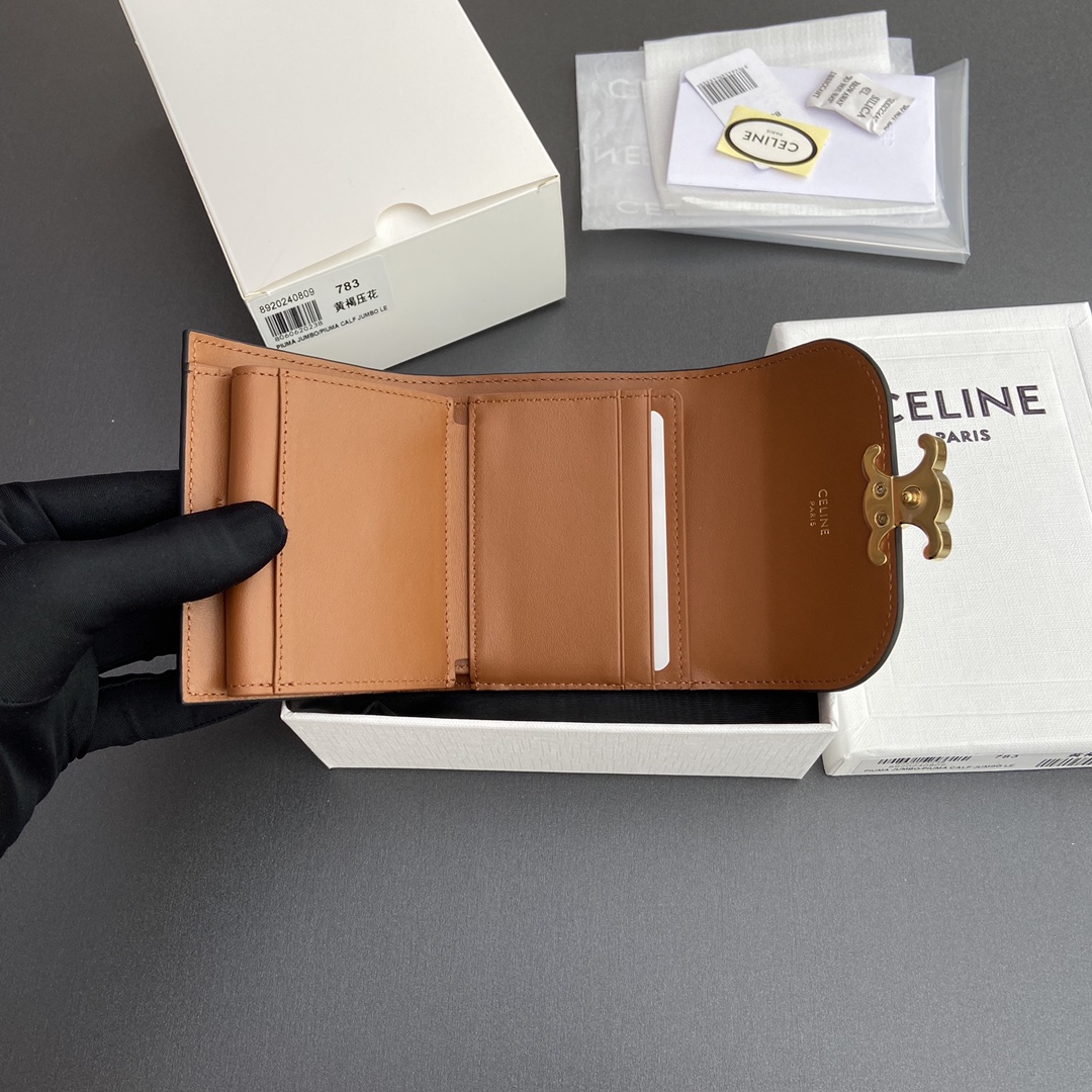[TOP] CELINE Triomphe Shiny Lambskin Leather Embossing Short Wallet 10.5x9x3cm - Brown&GHW