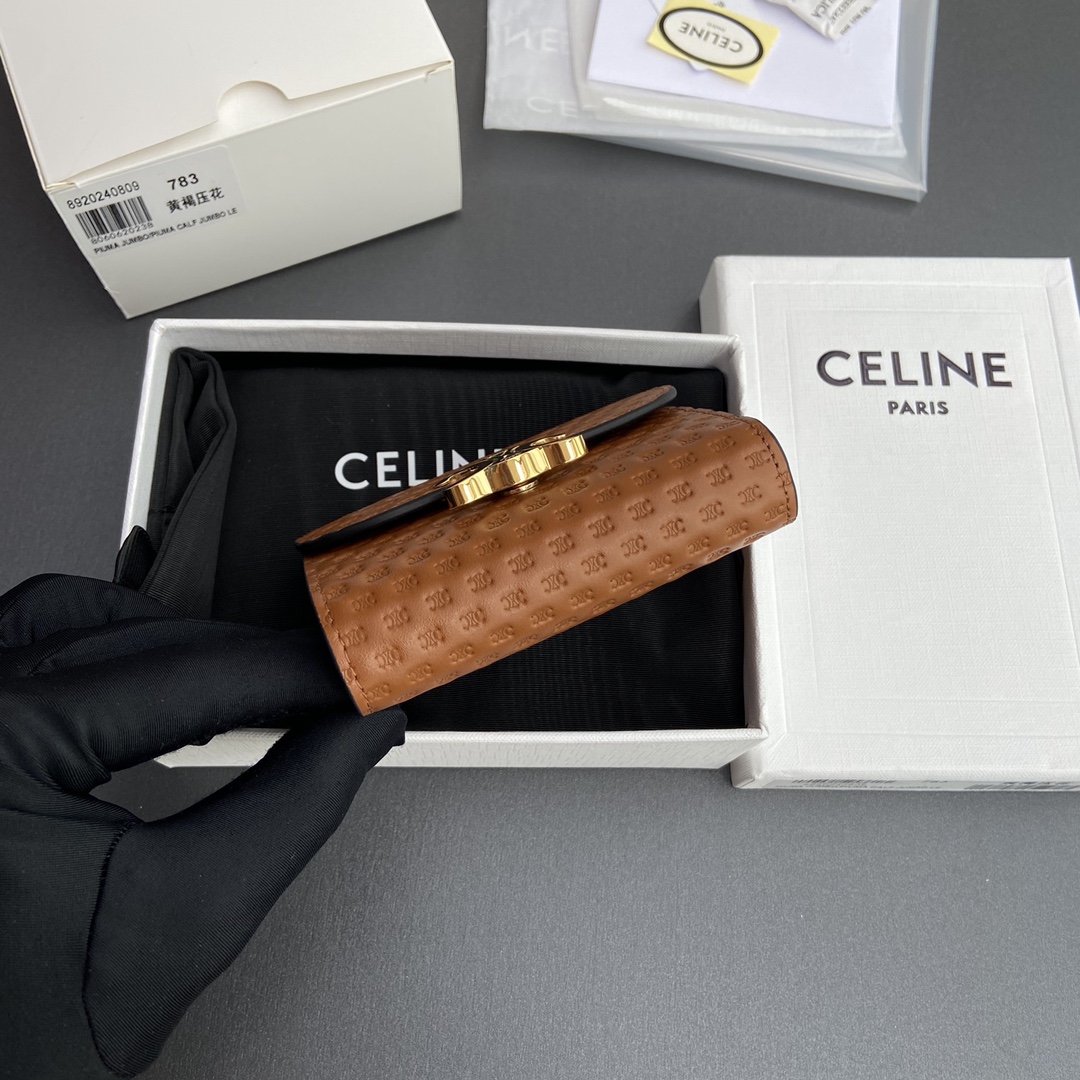 [TOP] CELINE Triomphe Shiny Lambskin Leather Embossing Short Wallet 10.5x9x3cm - Brown&GHW