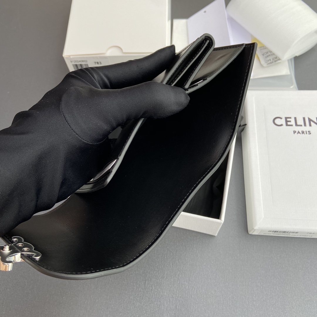 [TOP] CELINE Triomphe Shiny Cowhide Leather Short Wallet 10.5x9x3cm - Black&SHW/Black HW