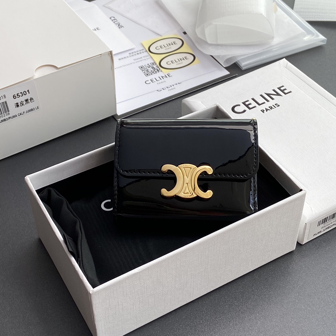 [TOP] CELINE Triomphe Patent Leather Shiny Leather Short Wallet 9.5x7.5x3cm - Black&GHW
