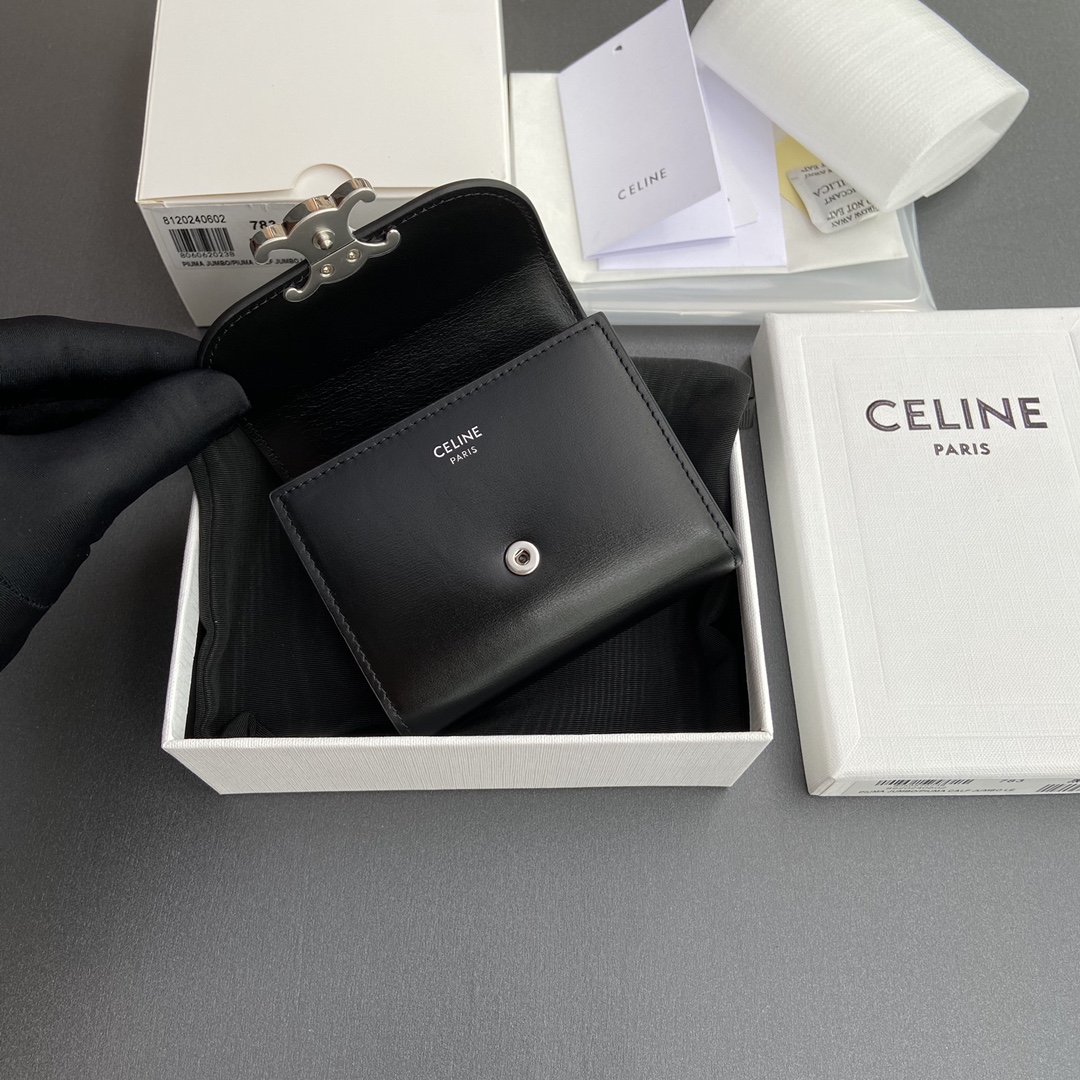 [TOP] CELINE Triomphe Shiny Cowhide Leather Short Wallet 10.5x9x3cm - Black&SHW/Black HW