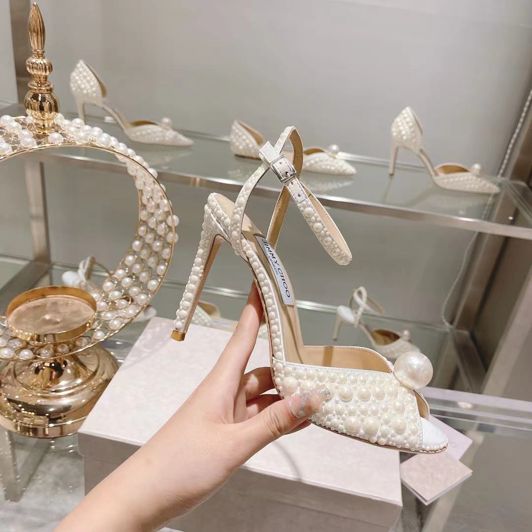 [TOP] Jimmy Choo 10cm Satin High Heel Sandals with All Over Pearls - White